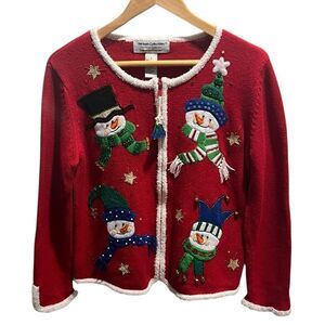🎄 Heirloom Collectibles Christmas Snowman Cardigan Sweater – Women’s Small
